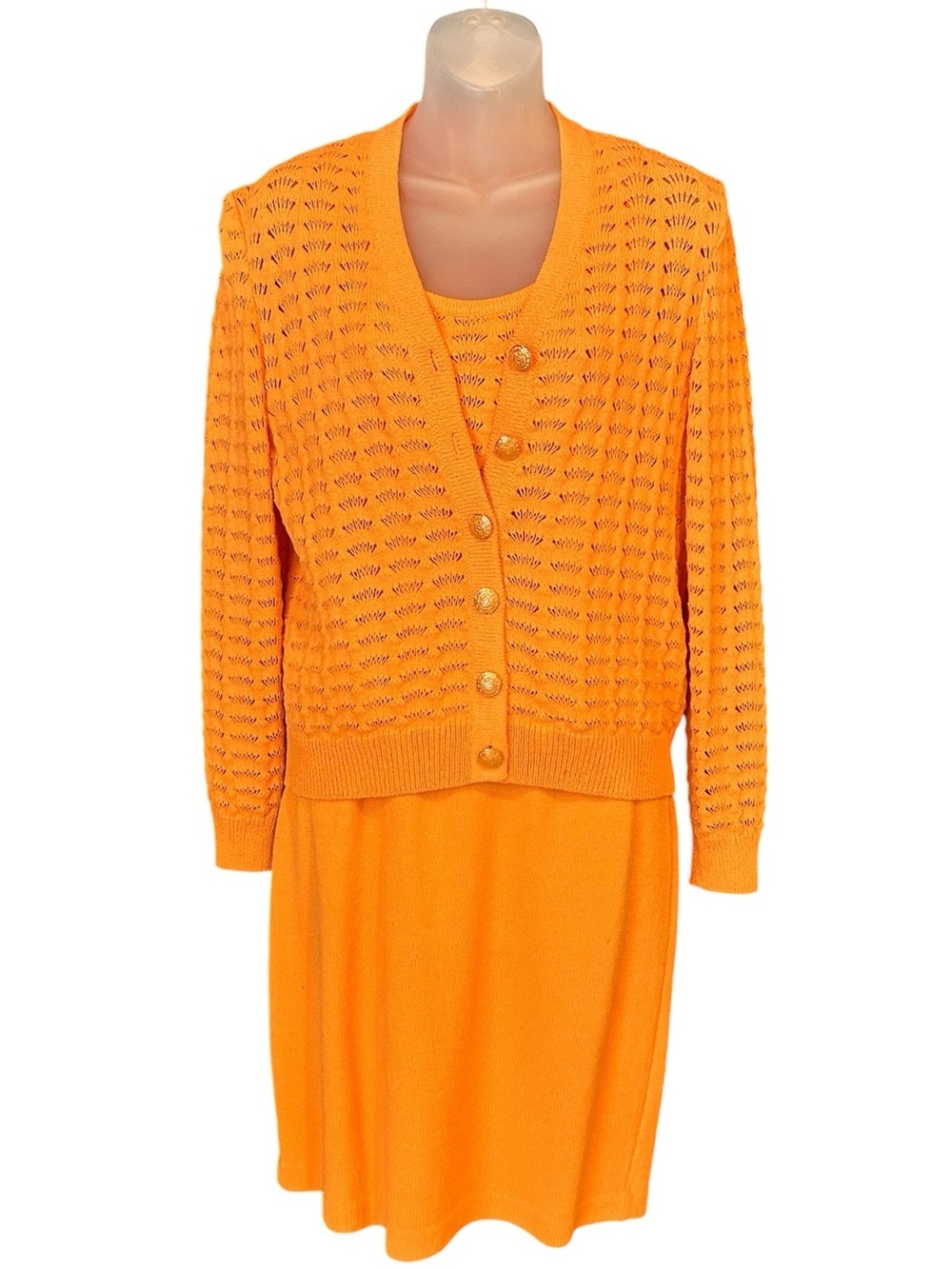 St John Knit Sweater Cardigan, Tank Top and Skirt Set Size 2 Tangerine Orange